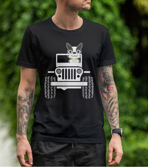 Funny Boston Terrier Dog In Jeep Dad T-Shirt