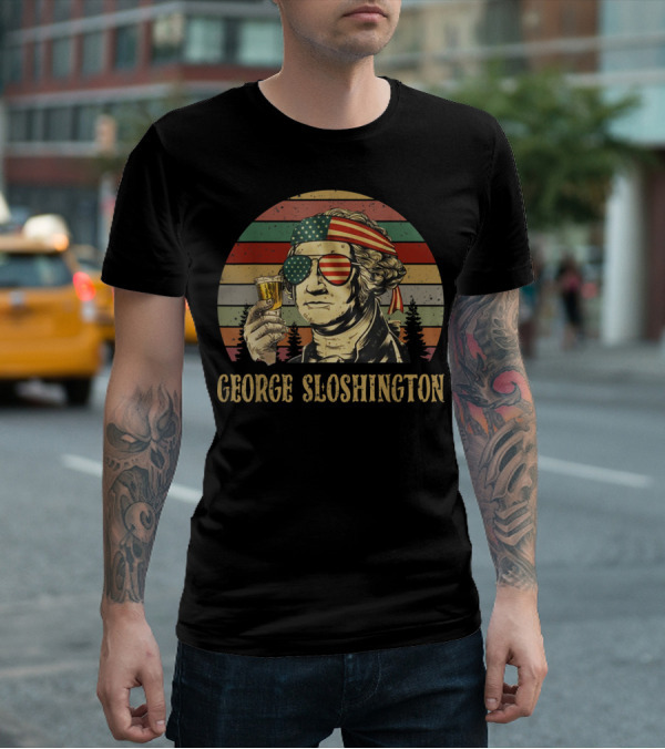 George Sloshington Retro Patriotic George Washington With American Flag Bandana And Sunglasses T-Shirt
