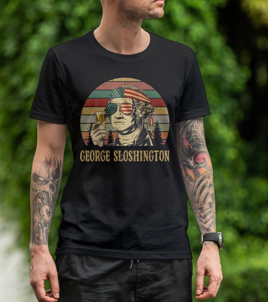 George Sloshington Retro Patriotic George Washington With American Flag Bandana And Sunglasses T-Shirt