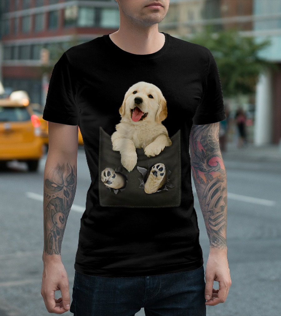 Golden Retriever Puppy Peeking from Pocket T-Shirt