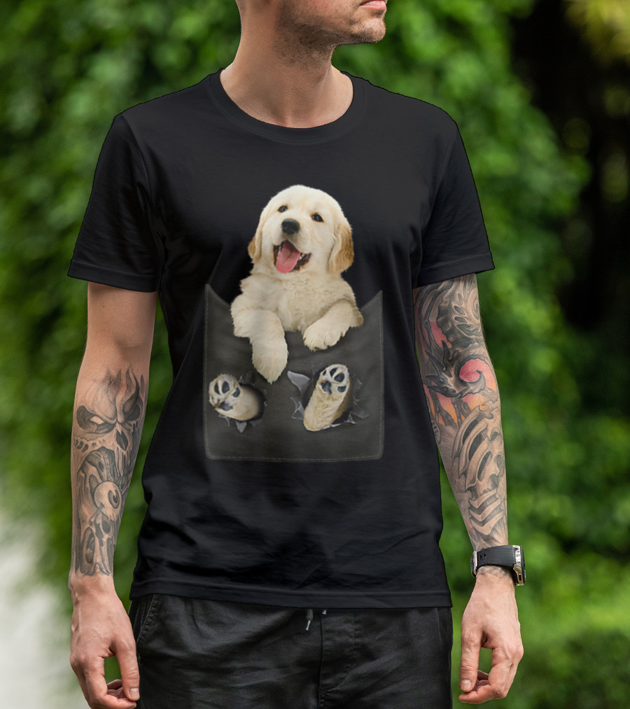Golden Retriever Puppy Peeking From Pocket T-Shirt