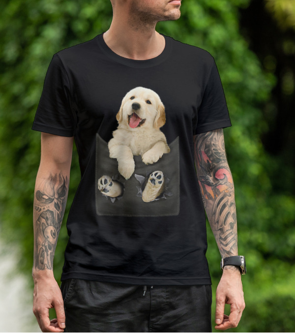 Golden Retriever Puppy Peeking From Pocket T-Shirt