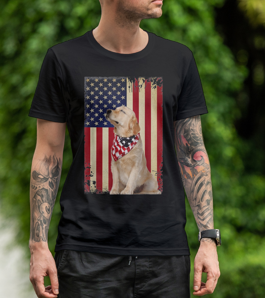 Golden Retriever Smiling American Flag Bandana T-Shirt