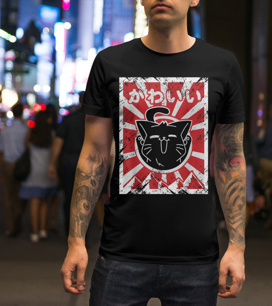 Kawaii Anime Cute Japanese Cat With Red Rising Sun Background T-Shirt