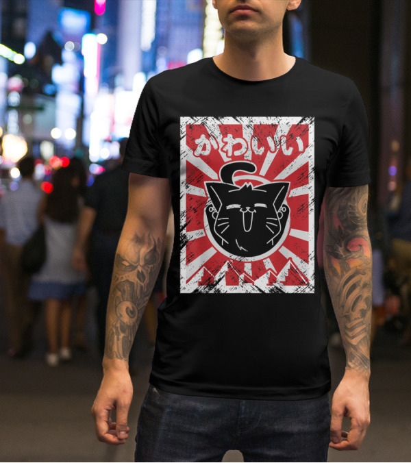 Kawaii Anime Cute Japanese Cat With Red Rising Sun Background T-Shirt