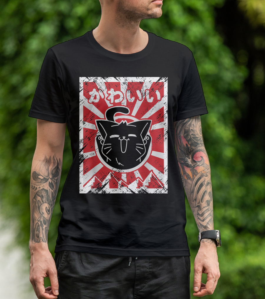 Kawaii Anime Cute Japanese Cat With Red Rising Sun Background T-Shirt