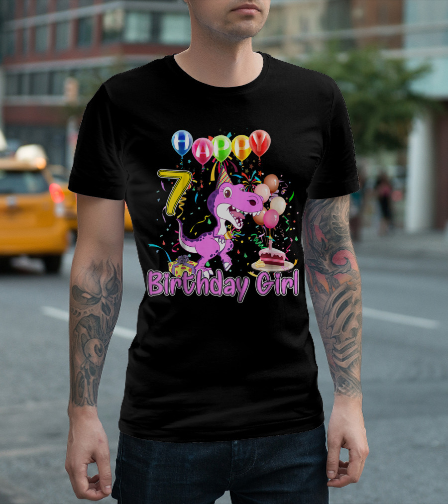 Happy 7 Birthday Girl Dinosaur Party Balloons Cake T-Shirt