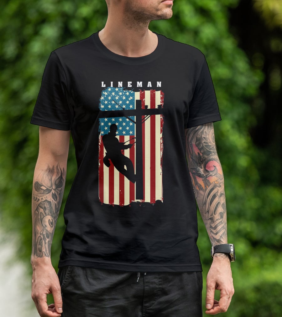 Lineman Silhouette Against American Flag Background With Electric Cable Pole T-Shirt
