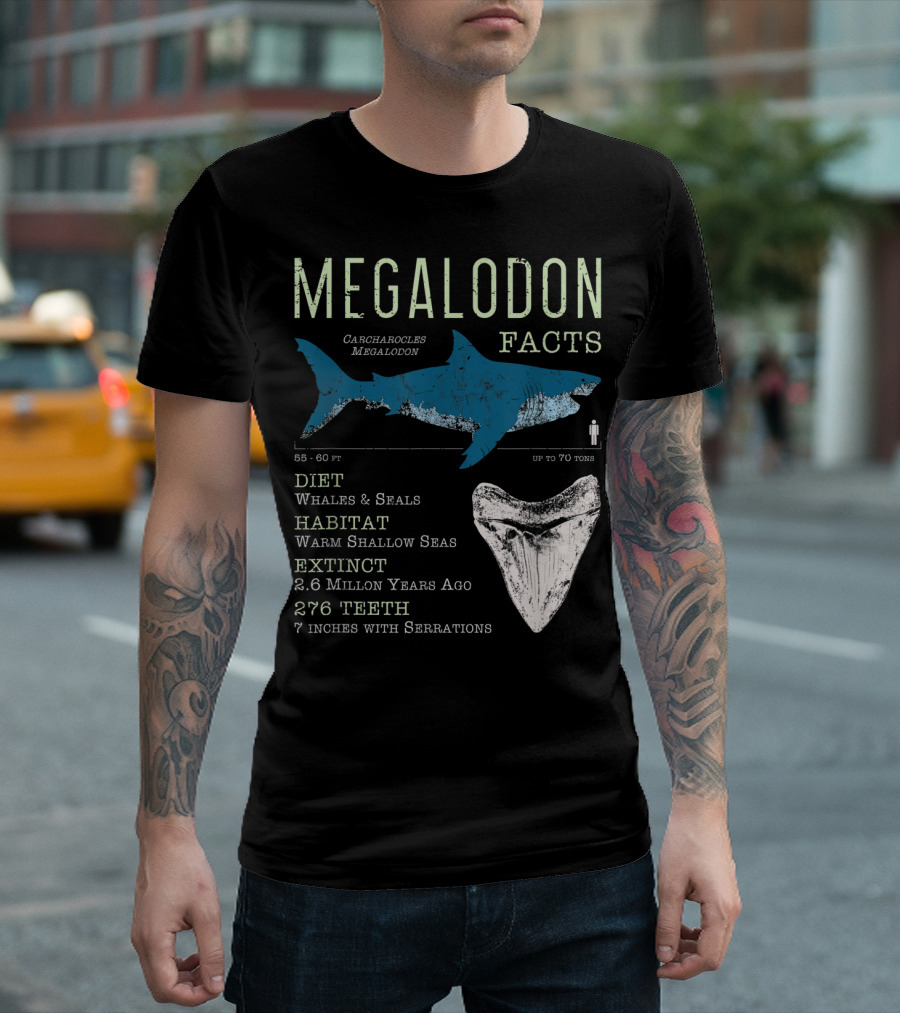 Megalodon Facts Funny Shark Lover Carcharocles Megalodon Diet Habitat Extinct 276 Teeth T-Shirt