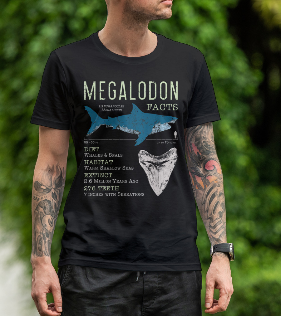 Megalodon Facts Funny Shark Lover Carcharocles Megalodon Diet Habitat Extinct 276 Teeth T-Shirt