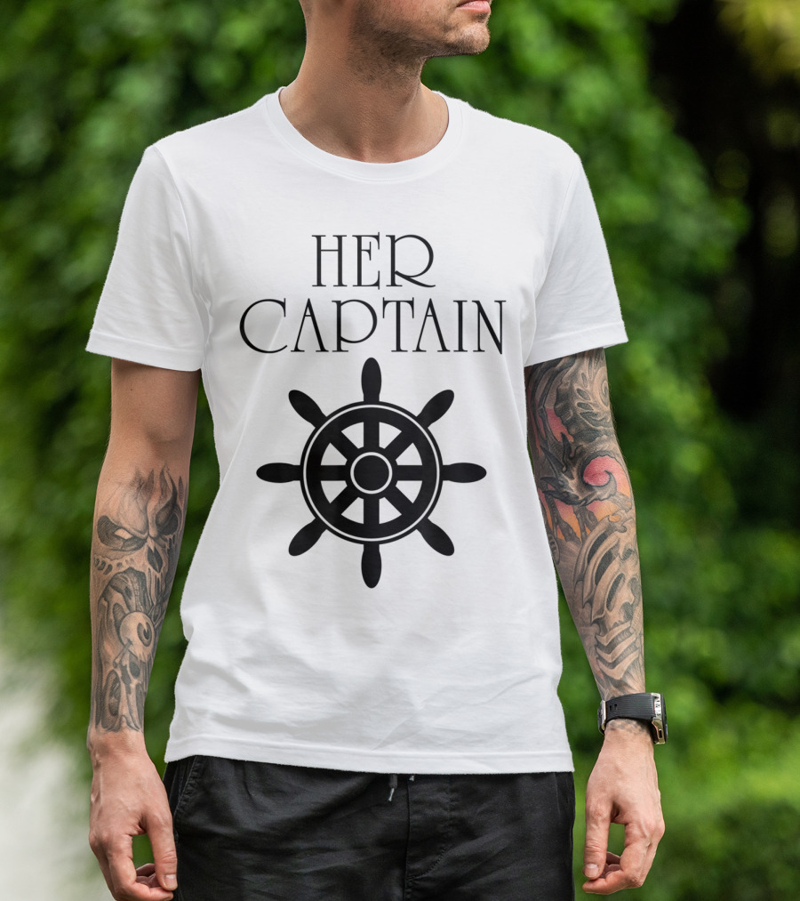 Mens Funny Cruise Her Captain His Anchor Couple Nautical Wheel T-Shirt