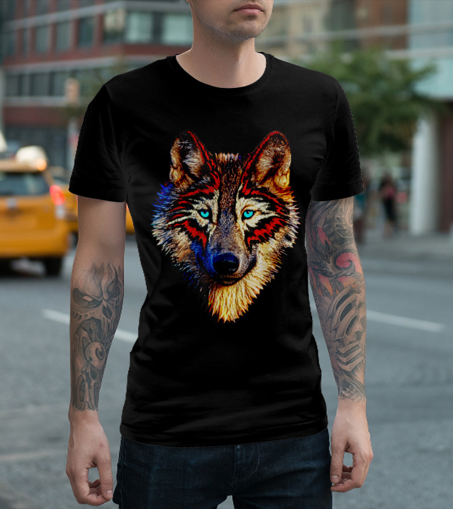 Mens Womens Kids Native American Timber Wolf Cool Bright Colorful Wolf Face T-Shirt