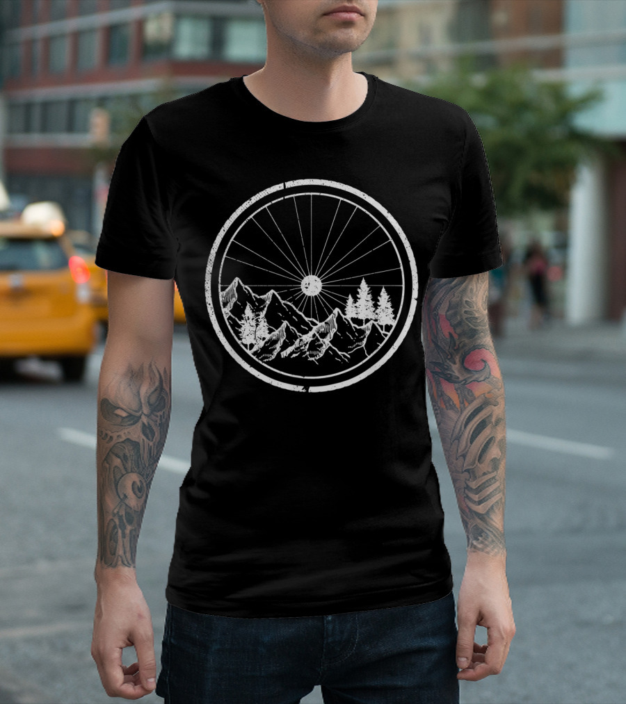 Mountain Bike MTB Bicycle Cycling Wheel with Mountains and Trees T-Shirt
