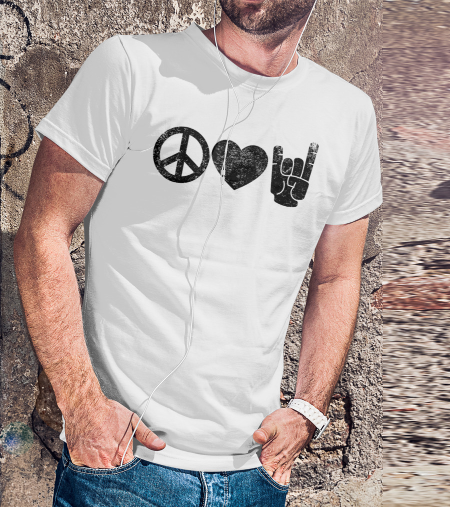 Peace Love Rock And Roll Icons Symbolizing Harmony Affection And Music Enthusiast Gesture T-Shirt