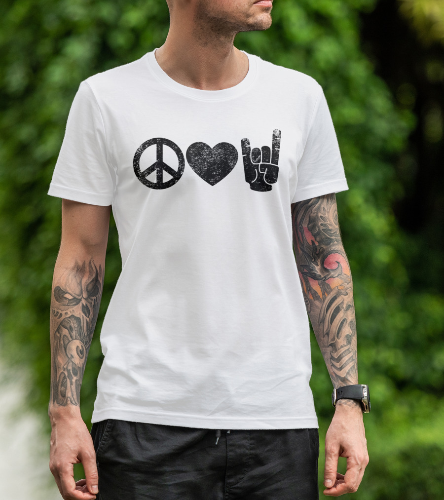 Peace Love Rock And Roll Icons Symbolizing Harmony Affection And Music Enthusiast Gesture T-Shirt