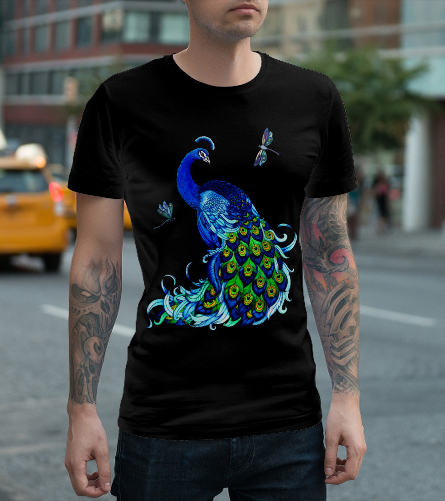 Peacock Elegance with Vibrant Dragonflies T-Shirt