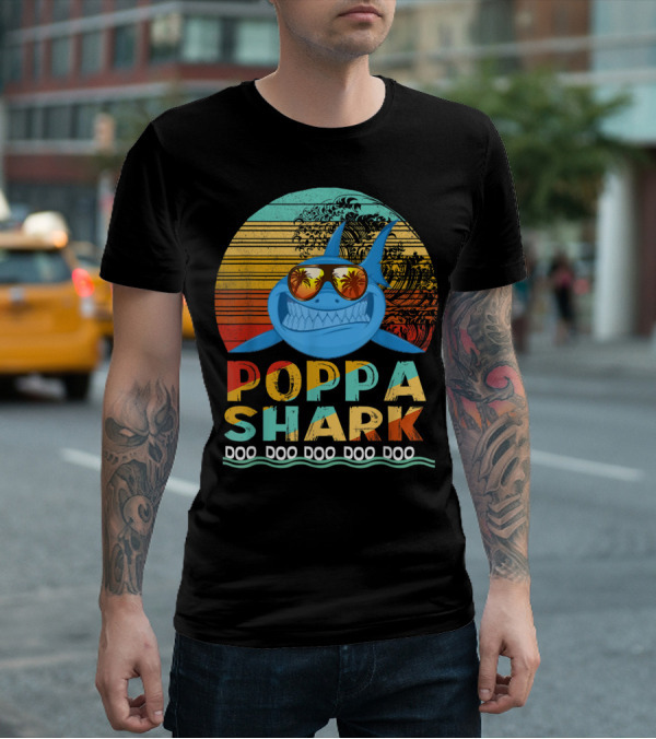 Poppa Shark Doo Doo Doo Doo Doo Retro Sunset Palm Trees Sunglasses T-Shirt