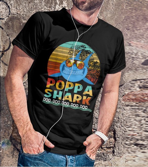Poppa Shark Doo Doo Doo Doo Doo Retro Sunset Palm Trees Sunglasses T-Shirt
