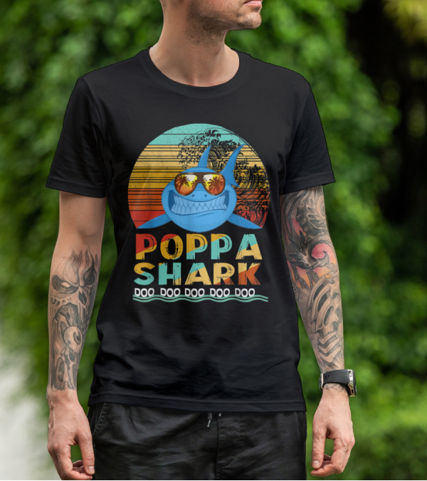Poppa Shark Doo Doo Doo Doo Doo Retro Sunset Palm Trees Sunglasses T-Shirt
