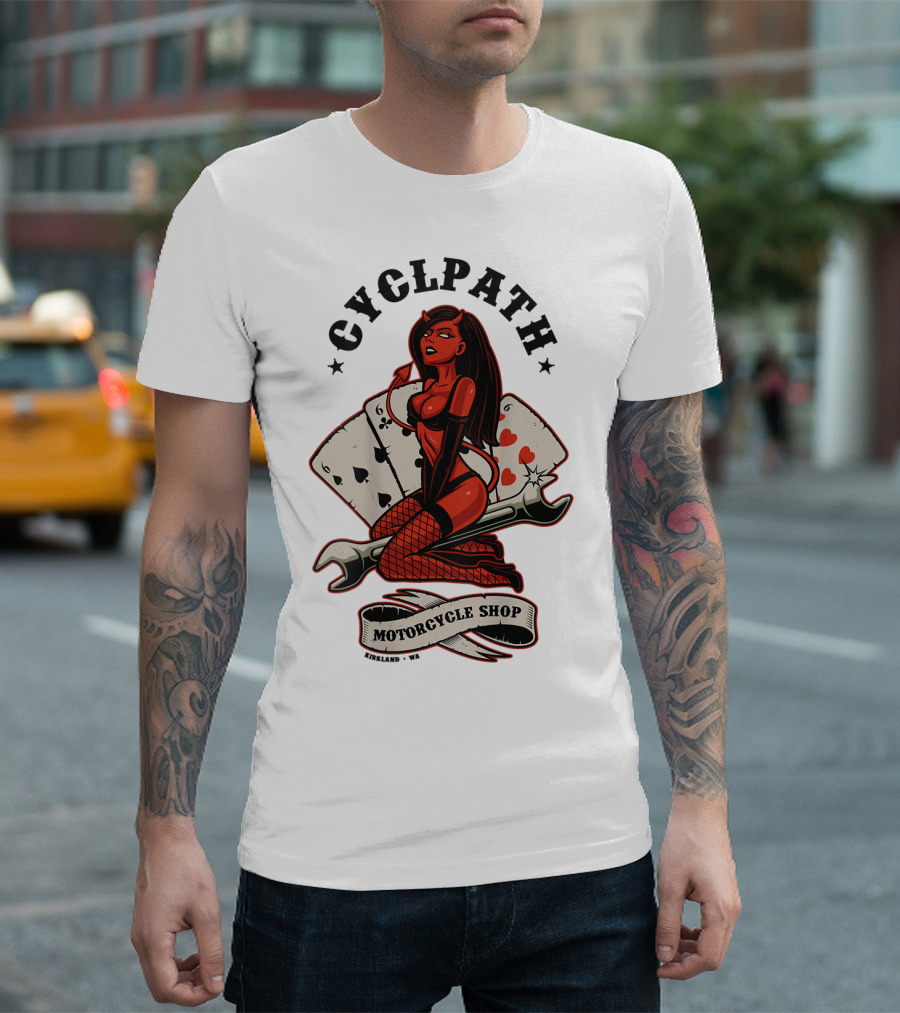 Cyclpath Red She Devil Motorcycle Shop Kirkland Poker Cards T-Shirt