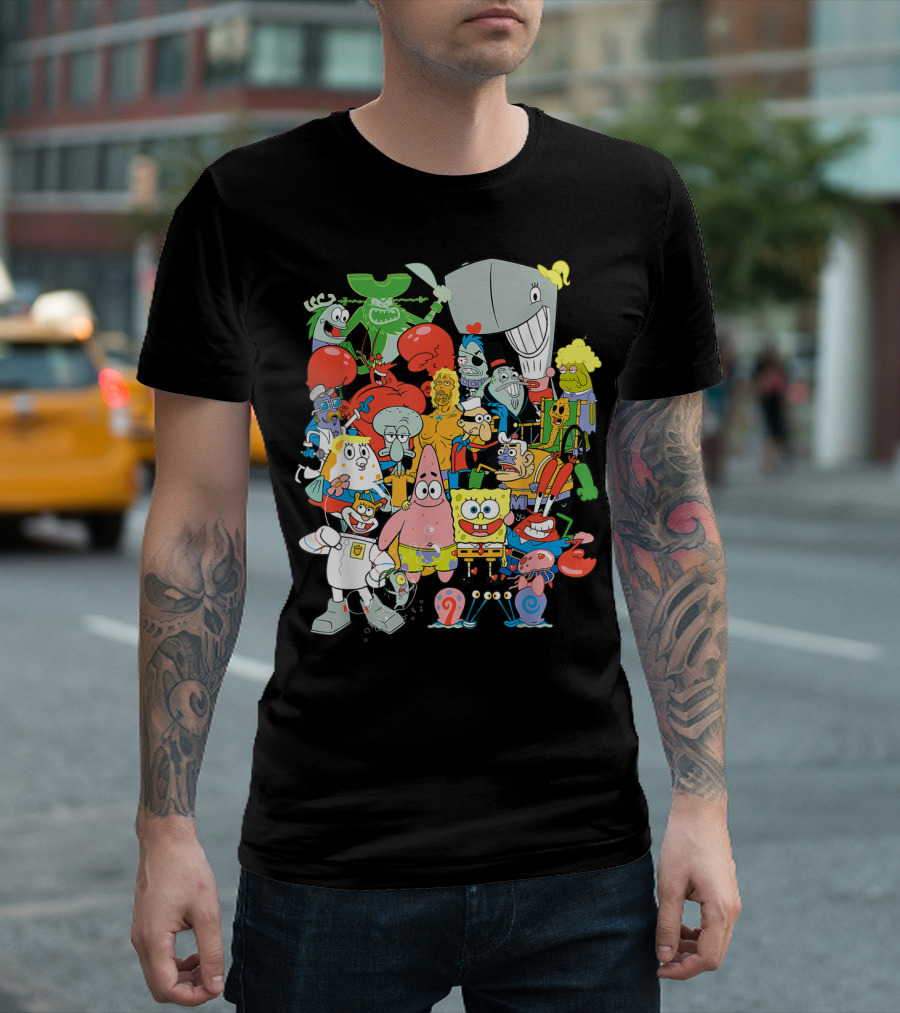SpongeBob SquarePants Character Collage Featuring Patrick, Squidward, Sandy, Mr. Krabs, Plankton, and More T-Shirt