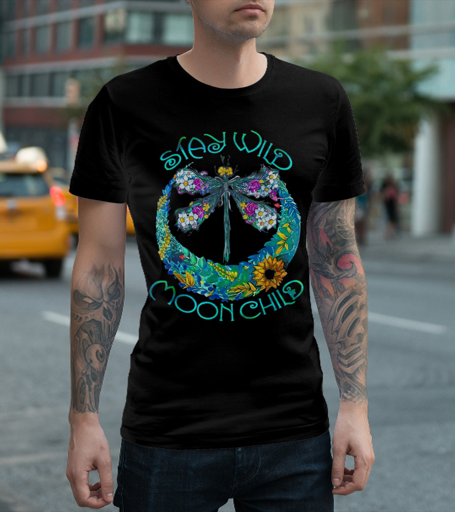 Stay Wild Moon Child Dragonfly in Floral Crescent Moon T-Shirt