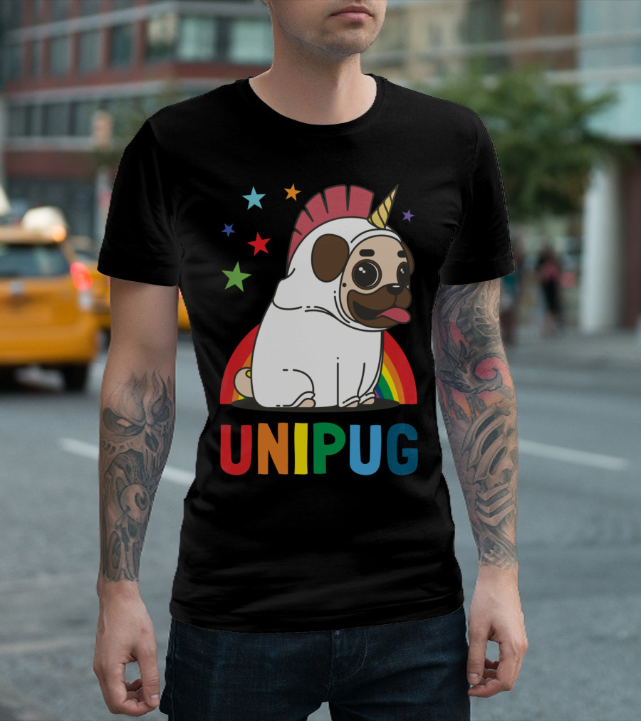 UNIPUG Rainbow Unicorn Pug Dog with Stars T-Shirt