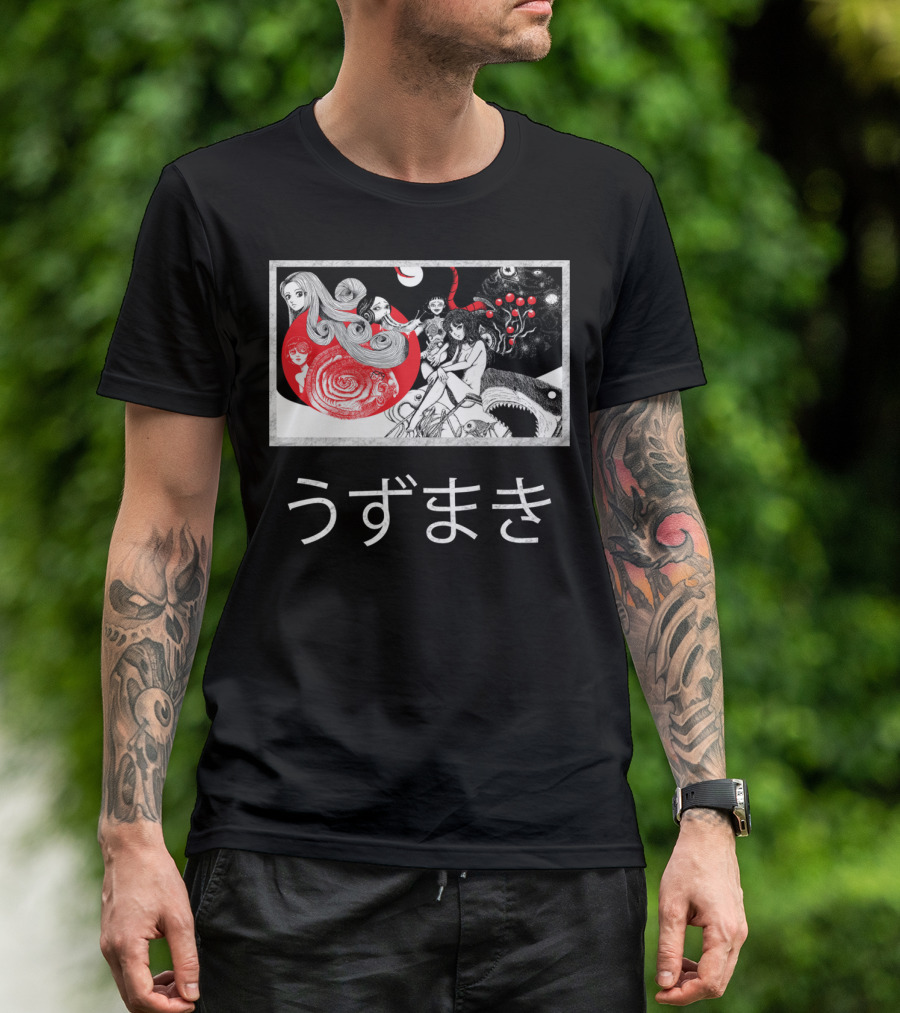 Uzumaki Japanese Horror Surreal Spiral Art With Monsters And Characters T-Shirt