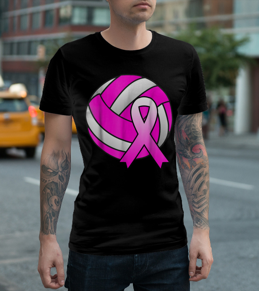 Volleyball Pink Ribbon Breast Cancer Awareness Symbol On Ball T-Shirt