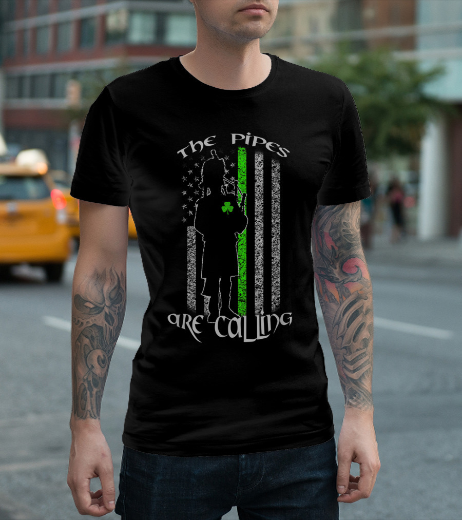 The Pipes Are Calling Saint Patrick's Day Bagpipe Silhouette And Shamrock Flag T-Shirt