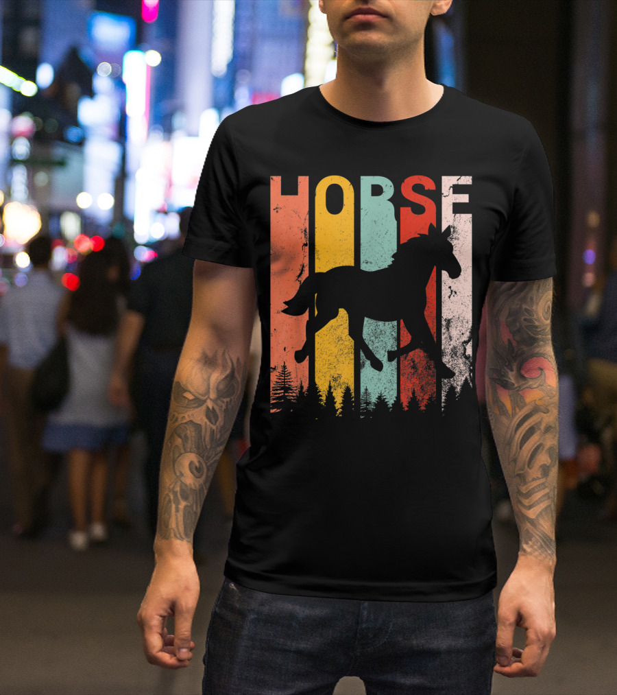 Vintage Style Horse Lover Silhouette With Colorful Stripes And Forest T-Shirt