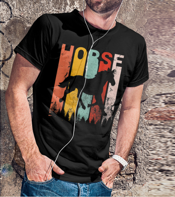 Vintage Style Horse Lover Silhouette With Colorful Stripes And Forest T-Shirt