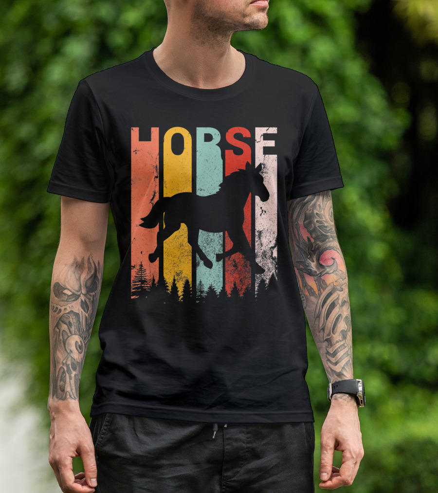 Vintage Style Horse Lover Silhouette With Colorful Stripes And Forest T-Shirt