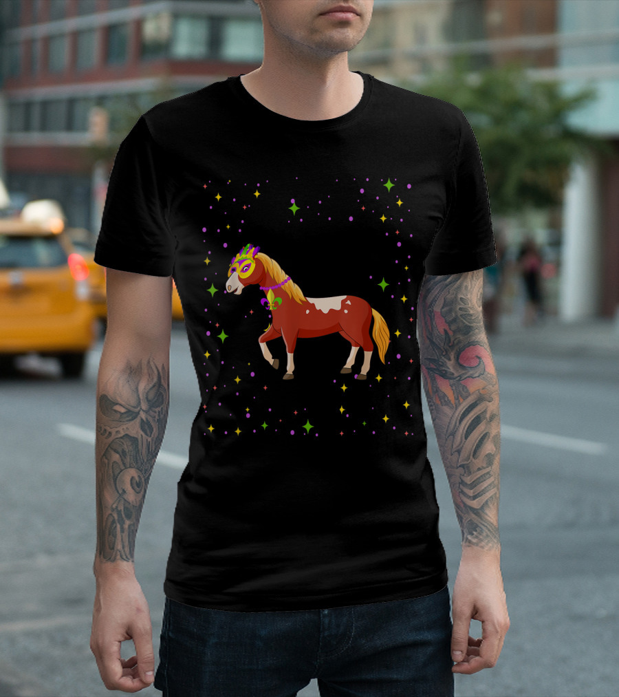 Mardi Gras Horse Wearing Mask and Beads with Colorful Stars T-Shirt