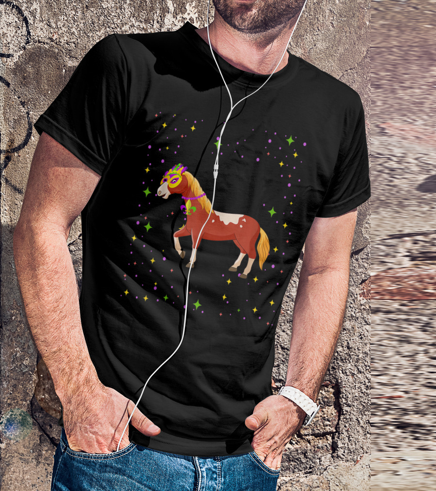 Mardi Gras Horse Wearing Mask And Beads With Colorful Stars T-Shirt