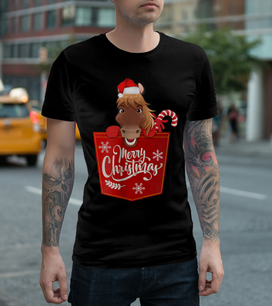 Merry Christmas Santa Hat Horse Candy Cane Funny Pocket T-Shirt