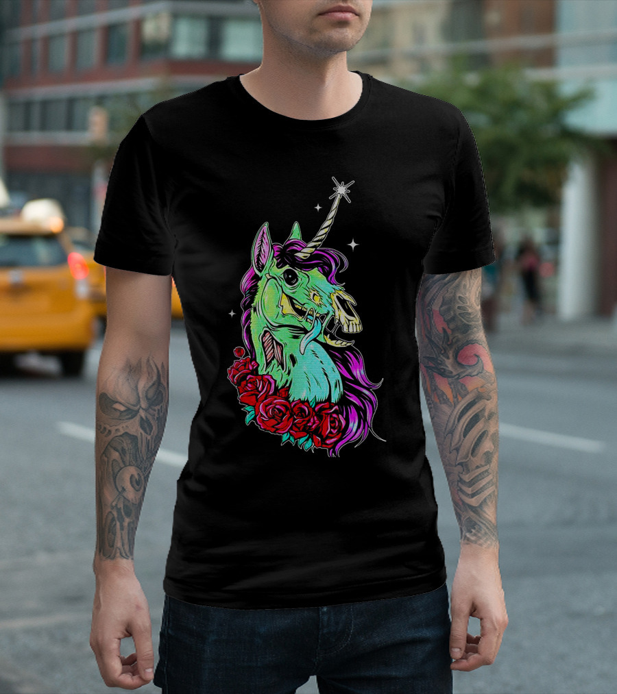 Funny Rose Floral Unicorn Horse Zombie Vibes T-Shirt
