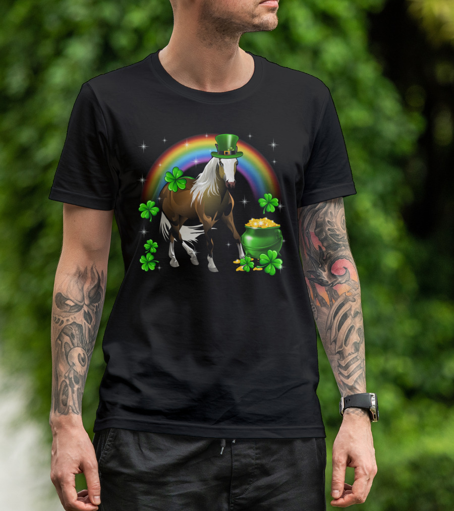 Lucky St Patricks Day Horse With Shamrocks And Rainbow T-Shirt