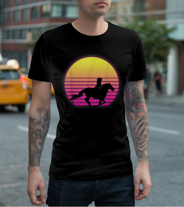 Vintage Sunset Girl Horse Riding Silhouette Retro Cool Horse T-Shirt