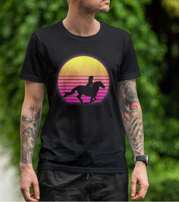 Vintage Sunset Girl Horse Riding Silhouette Retro Cool Horse T-Shirt