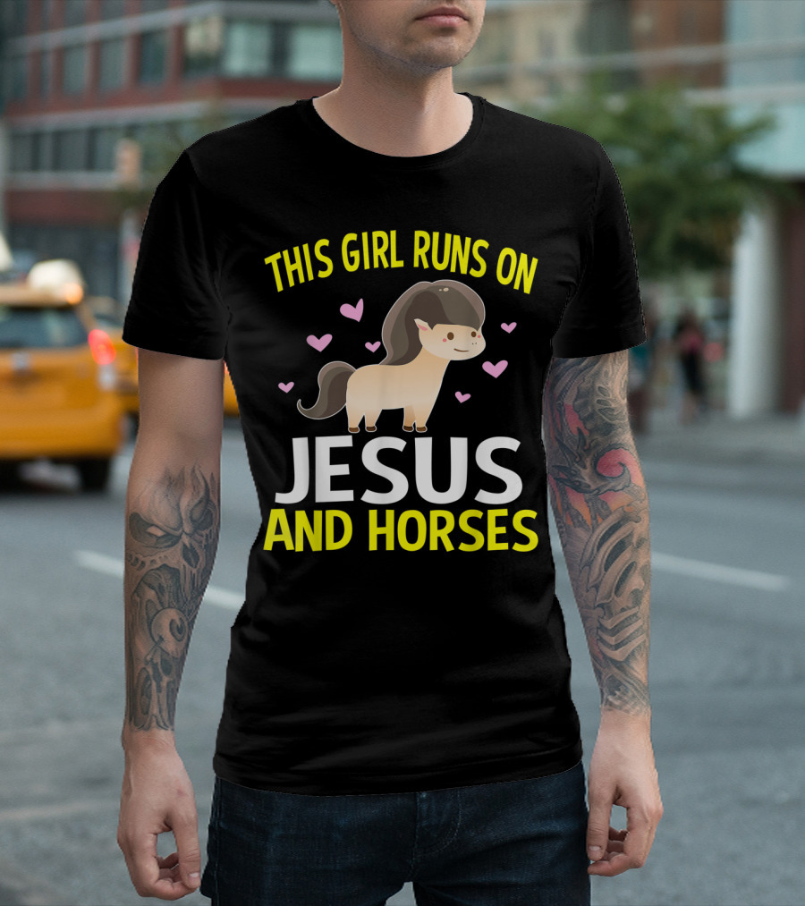This Girl Runs On Jesus And Horses Hearts Cute Horse T-Shirt