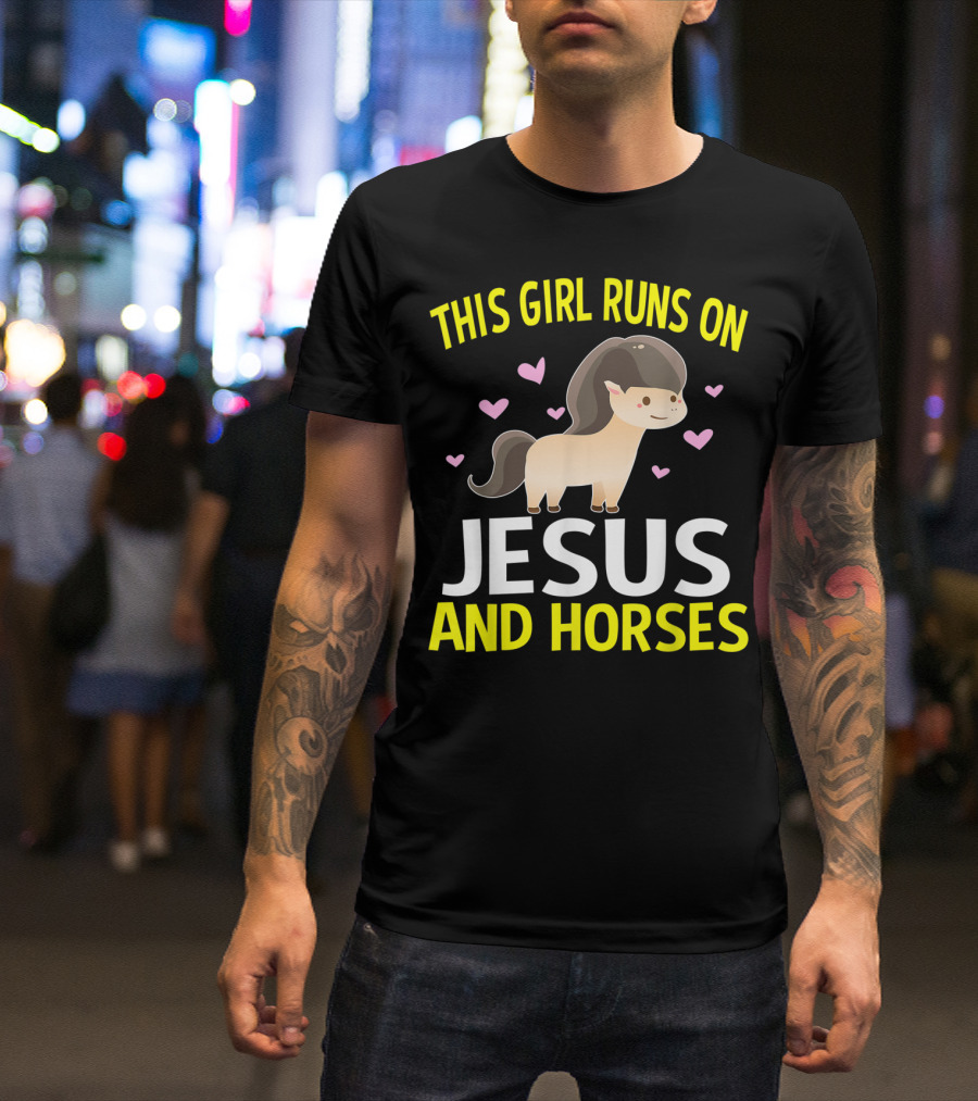 This Girl Runs On Jesus And Horses Hearts Cute Horse T-Shirt
