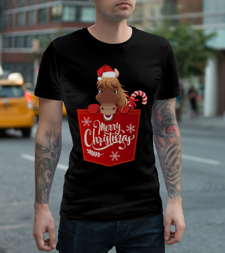 Funny Horse In Santa Hat With Candy Cane Merry Christmas Crewneck T-Shirt