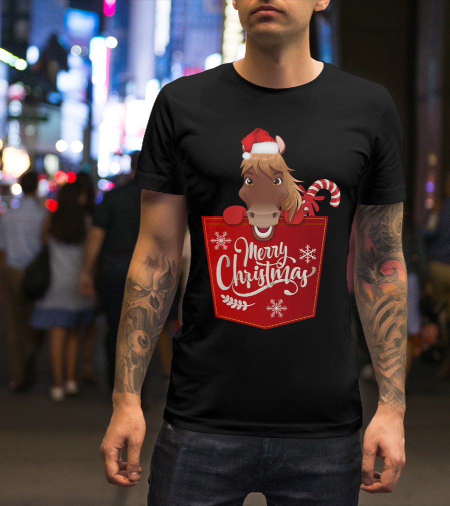Funny Horse In Santa Hat With Candy Cane Merry Christmas Crewneck T-Shirt