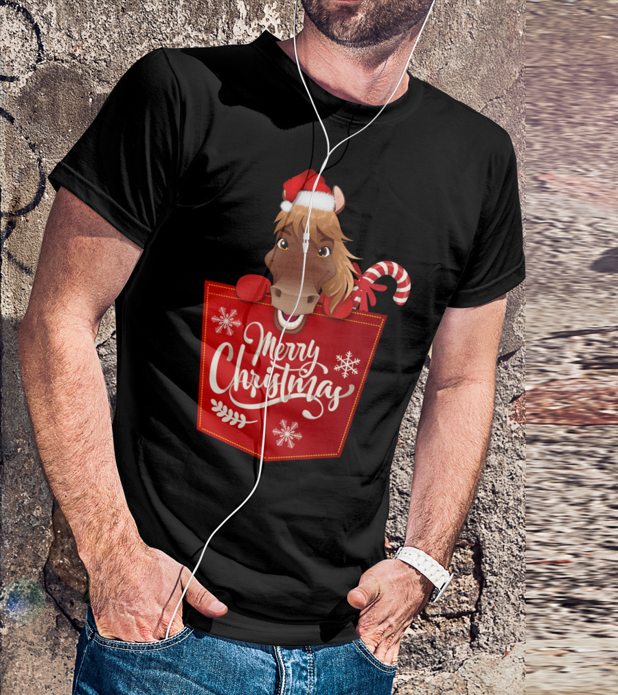 Funny Horse In Santa Hat With Candy Cane Merry Christmas Crewneck T-Shirt