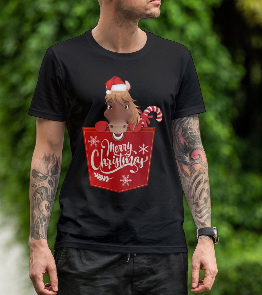 Funny Horse In Santa Hat With Candy Cane Merry Christmas Crewneck T-Shirt