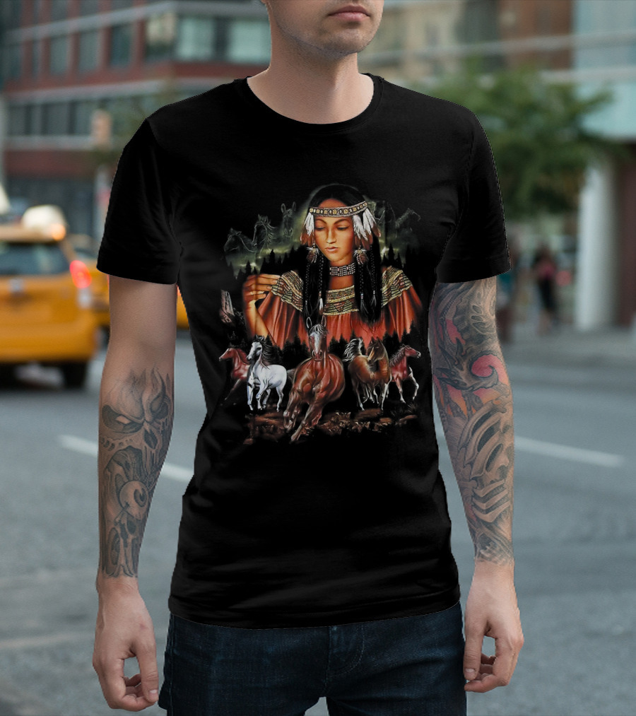 Native American Girl With Horses And Tribal Elements T-Shirt