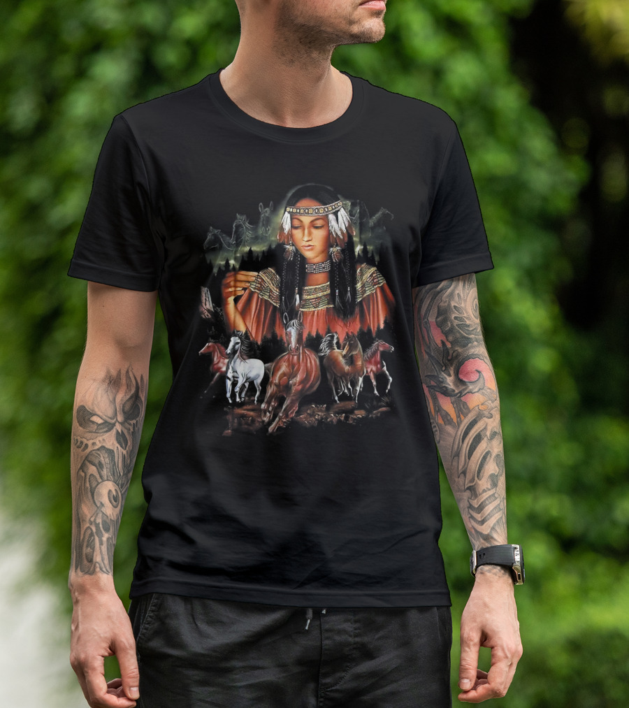 Native American Girl With Horses And Tribal Elements T-Shirt
