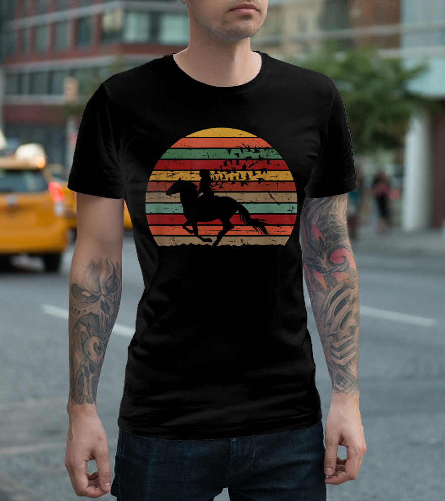 Girl Horse Riding Ranch Vintage Cowgirl Sunset T-Shirt