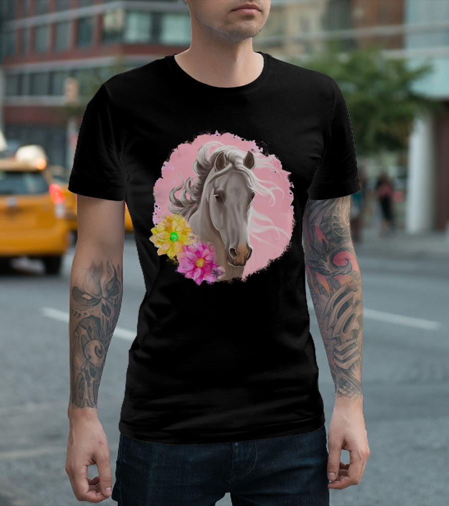 Gorgeous Horse With Vibrant Flowers On Pink Background T-Shirt